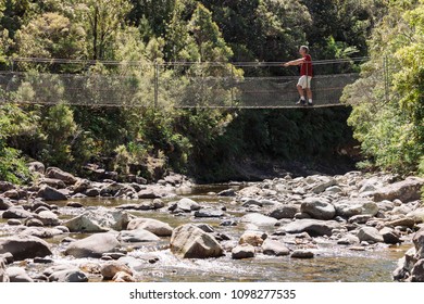 Man on swing bridge over river in New Zealand - Coromandel Peninsula, New Zealand