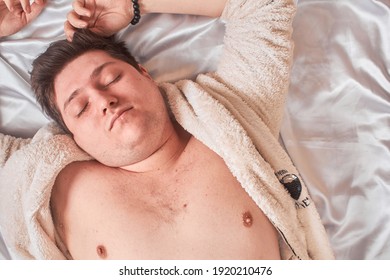 A Man On A White Bed Sleeping High Key, Close-up