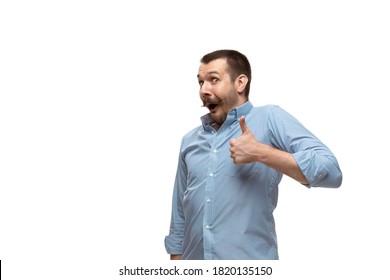 Man on white studio background, funny meme emotions