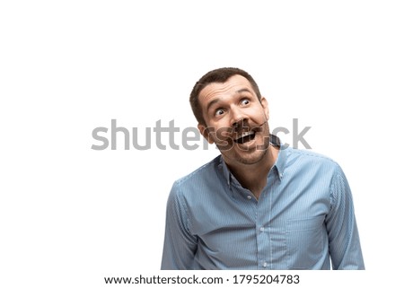 Man on white studio background, funny meme emotions