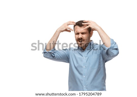 Man on white studio background, funny meme emotions