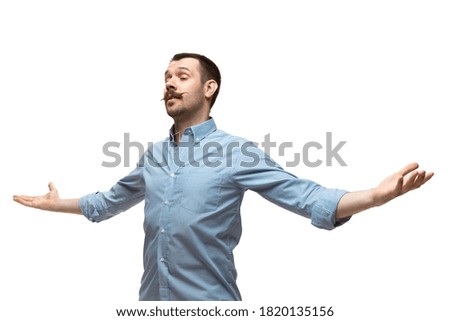 Man on white studio background, funny meme emotions