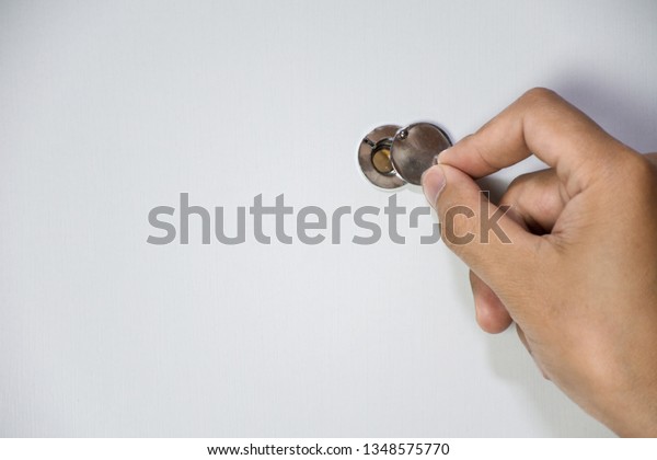 Man Open Cover Door Peephole Front Stock Photo Edit Now 1348575770