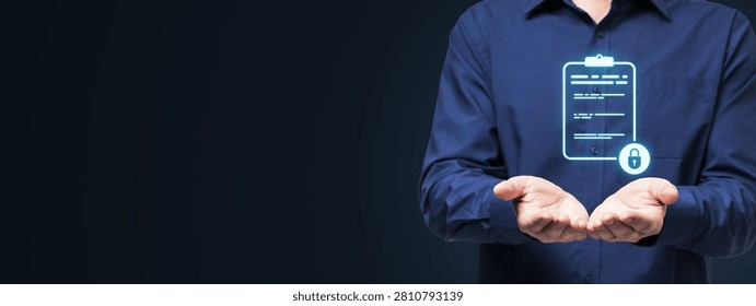 Man with open hands presenting secure document hologram in modern digital style on dark background with copyspace, concept of data protection and privacy