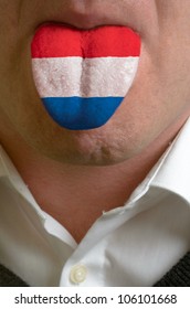 man with open mouth spreading tongue colored in netherlands flag as symbol of values like teaching, learning, multilingual speaking of different languages