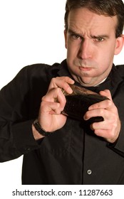 Man Opening A Jar Of Jam, Isolated Against A White Background