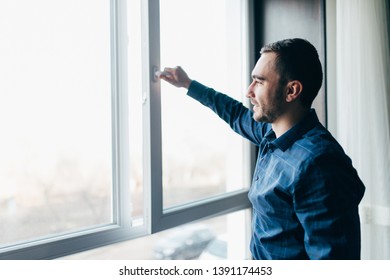 Man Is Opening The Window At Home To Refresh The Room