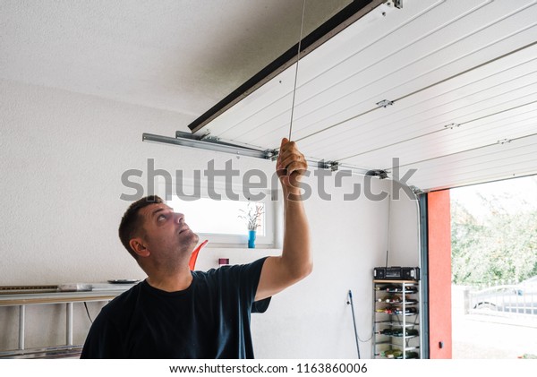 Man Opens Pvc Garage Door Manually Stock Image Download Now