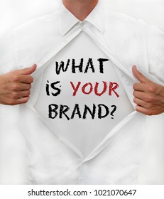 Man opens shirt and reveals: What is YOUR brand?