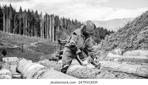 Man in operating chainsaw. Lumberjack working in a forest. Man working chainsaw in forest. Woodcutter lumberjack is man chainsaw tree. Woodcutter saws tree chainsaw on sawmill. Black and white. - Powered by Shutterstock