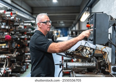 Man operating in the control station of a mechanical saw in a metal cnc factory