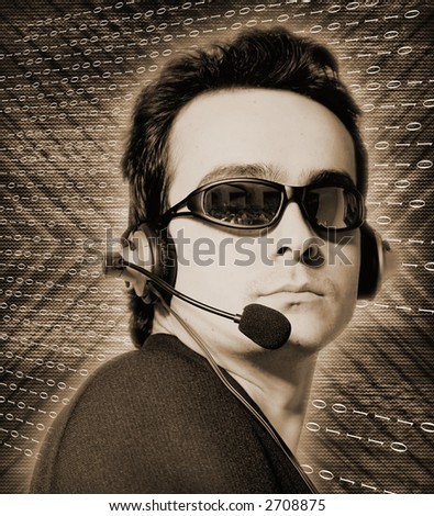 Man operator working.Matrix bachground