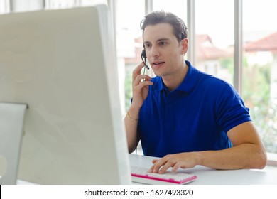 Man Operators With Microphone And Computer At Work, Call Center, Support Telemarketing.