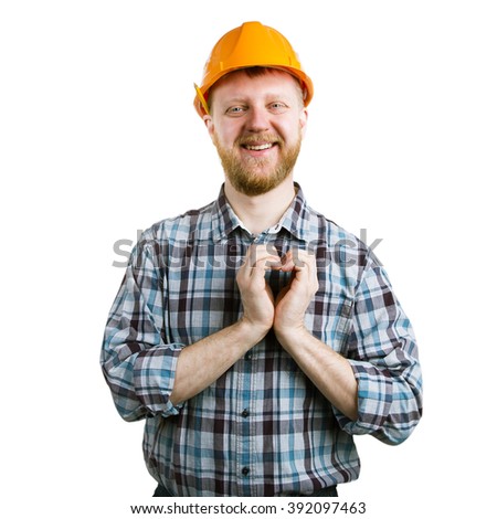 Man in an orange helmet showing hands heart