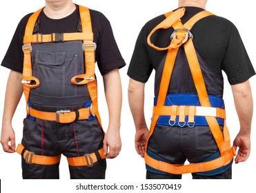 Man In Orange Safety Climbing Harness Isolated On White Background