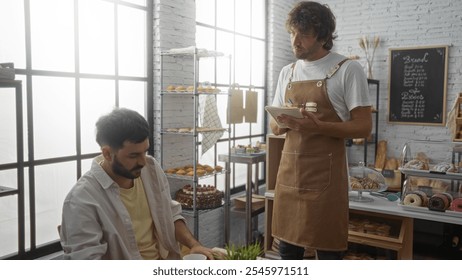 Man ordering at bakery counter as male baker in apron takes note, surrounded by shelves of pastries and cakes in bright interior - Powered by Shutterstock