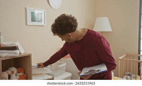 Man organizing nursery in home with baby cradle, wearing casual clothes, surrounded by soft toys, daylight streaming through window, creating warm and inviting atmosphere.