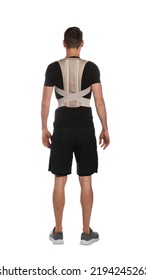 Man With Orthopedic Corset On White Background, Back View