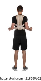 Man With Orthopedic Corset On White Background, Back View