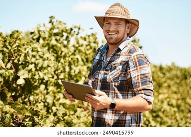 Man, outdoor and portrait with tablet on vineyard for weather tracking, digital farming and monitor crops in harvest season. Farmer, winery and online for viticulture app, agriculture and schedule. - Powered by Shutterstock