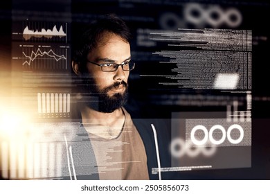 Man, overlay and cyber security with coding, data and analysis for programming and software development. Male person, programmer and information technology during night for cloud computing database