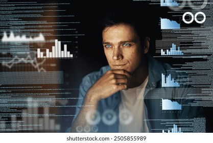 Man, overlay and think on computer with data analysis at night for ideas, overtime and deadline for software. Business, male person and statistics with graphs, programming and processing info