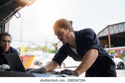 Man Owner Shop At Service Center, Car Repair, Tire Change. Mechanic Changing Engine, Service Car Workshop Automobile. Professional Man Shop Maintenance	