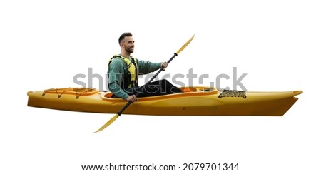 Man with paddle in kayak on white background