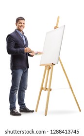 Man Painting Ona Canvas Isolated On White Background