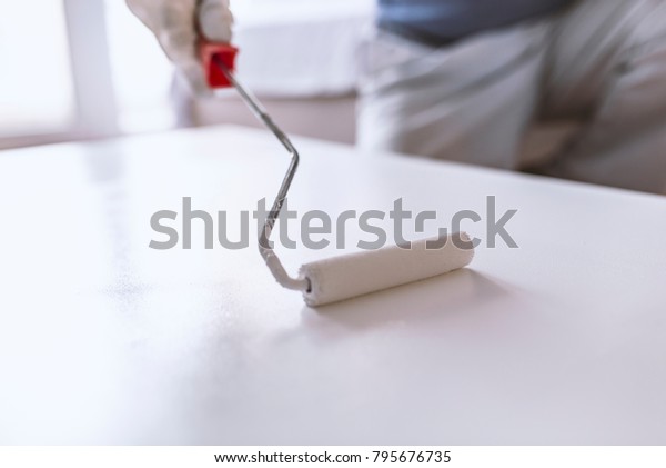 Man Painting Wooden Door Using Paint Stock Photo Edit Now 795676735