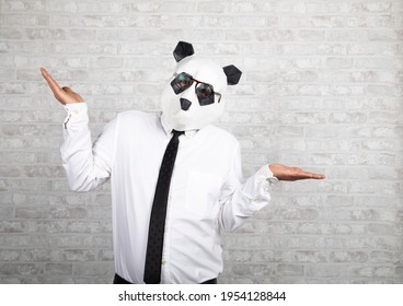 Man With Panda Bear Mask And Glasses Gesturing