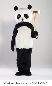 Man In Panda Costume Over White Background