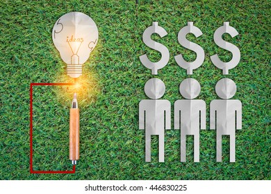 Man Paper Cut Style With Light Bulb And Mony Icons Business Ideas Concept