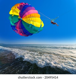  Man is parasailing in the blue sky