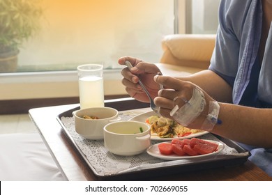 Man Patient Hands Eating Hospital Food For Diabetes