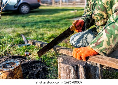 Man People Person Working In Garden For Post Raised Bed Cold Frame Manual Sawing Wooden Board In Ukraine Dacha Closeup