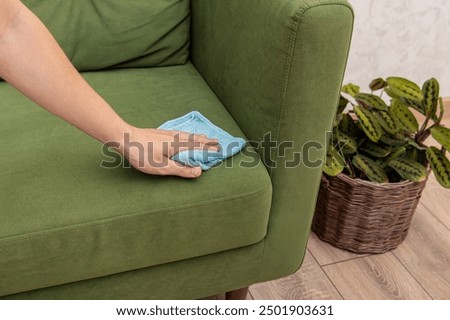 Man performs dry cleaning of the sofa. Cleaning the sofa with rag