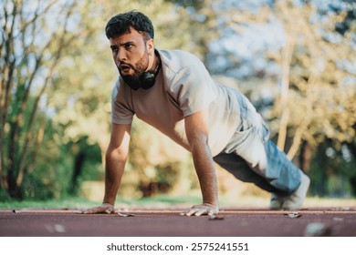 A man performs push-ups on a sunny day in a park, conveying focus and determination. The scene is vibrant with natural hues, depicting a healthy and active lifestyle.