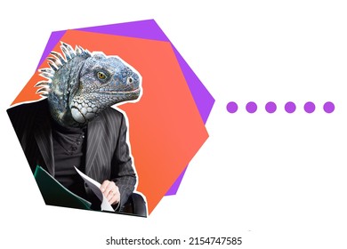 ?hameleon man. A person quickly adapts to the situation. A man with a reptilian head. A bright collage of modern art. A lizard in a business suit. Space for the text.