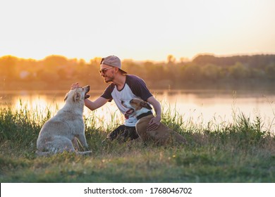 Man Pets His Dogs In The Nature At Sunset By The Lake. Human And Pet Relationship, Communication And Interaction, Taking Care Of Dogs