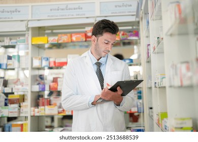 man pharmacist checks and arranges medicines on pharmacy shelves, emphasizing precision and responsibility in healthcare services. The scene highlights the daily operations in a modern pharmacy. - Powered by Shutterstock