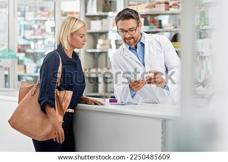 Man, pharmacist and help customer, prescription and explain instructions for medicine, vitamins and wellness. Pharmacy, female client and medical professional speaking, pills and healthcare advice