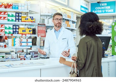 Man, pharmacist and talking with customer for healthcare advice, medication or drugs at pharmacy. Mature medical employee speaking with client for information or pharmaceutical help at dispensary - Powered by Shutterstock