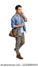 Man, phone call and communication with conversation and contact isolated on png transparent background. Male person in casual clothes, walking and talking with chat on mobile, network and connection