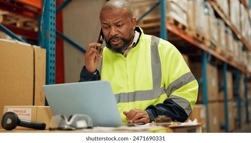 Man, phone call or laptop for logistics in warehouse, shipping or talking of order for distribution. Factory manager, smile or mobile for networking to import inventory or technology in manufacturing - Powered by Shutterstock