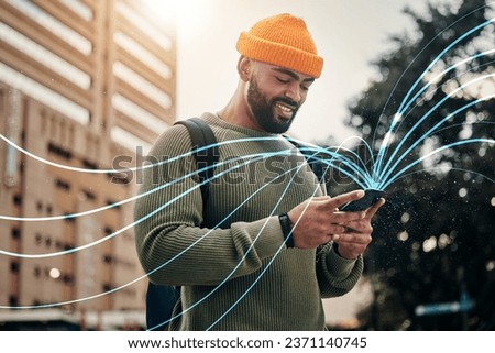 Man, phone and hologram for city communication, networking and connection or student travel with internet speed. Person typing on mobile app, digital chat and job search or career application overlay
