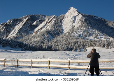 Man Photographer at Boulder Flat Irons Colorado Rocky Mountains