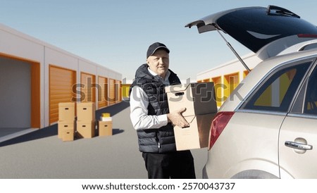 Man picks up boxes from warehouse. Self storage units behind person. Guy puts packages in trunk of car. Man takes personal belongings from storage room. Street storage units behind human