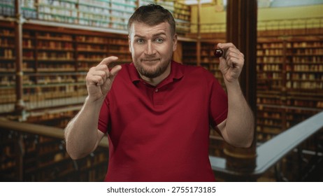 Man pinches a tiny gap between fingers while holding a cherry in a library building; curiosity smallness tease.