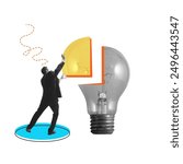 Man placing a missing part into a light bulb. Filling gaps, bringing ideas into reality, resolution. Contemporary art collage. Concept of business, problem solving, brainstorming